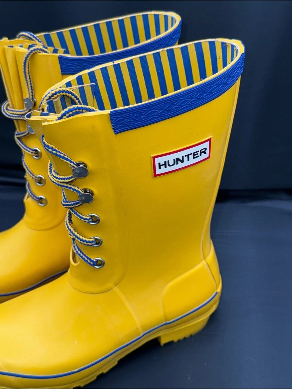 Hunter Kids Festival Lace Up Rain Boots Yellow Blue Stripe Size 4 Waterproof